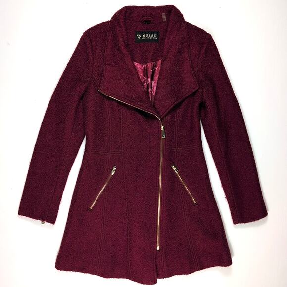 Guess Wool Blend Coat Women M Burgundy Asym Zip Fit Flare Moto Jacket Lined - Picture 5 of 16